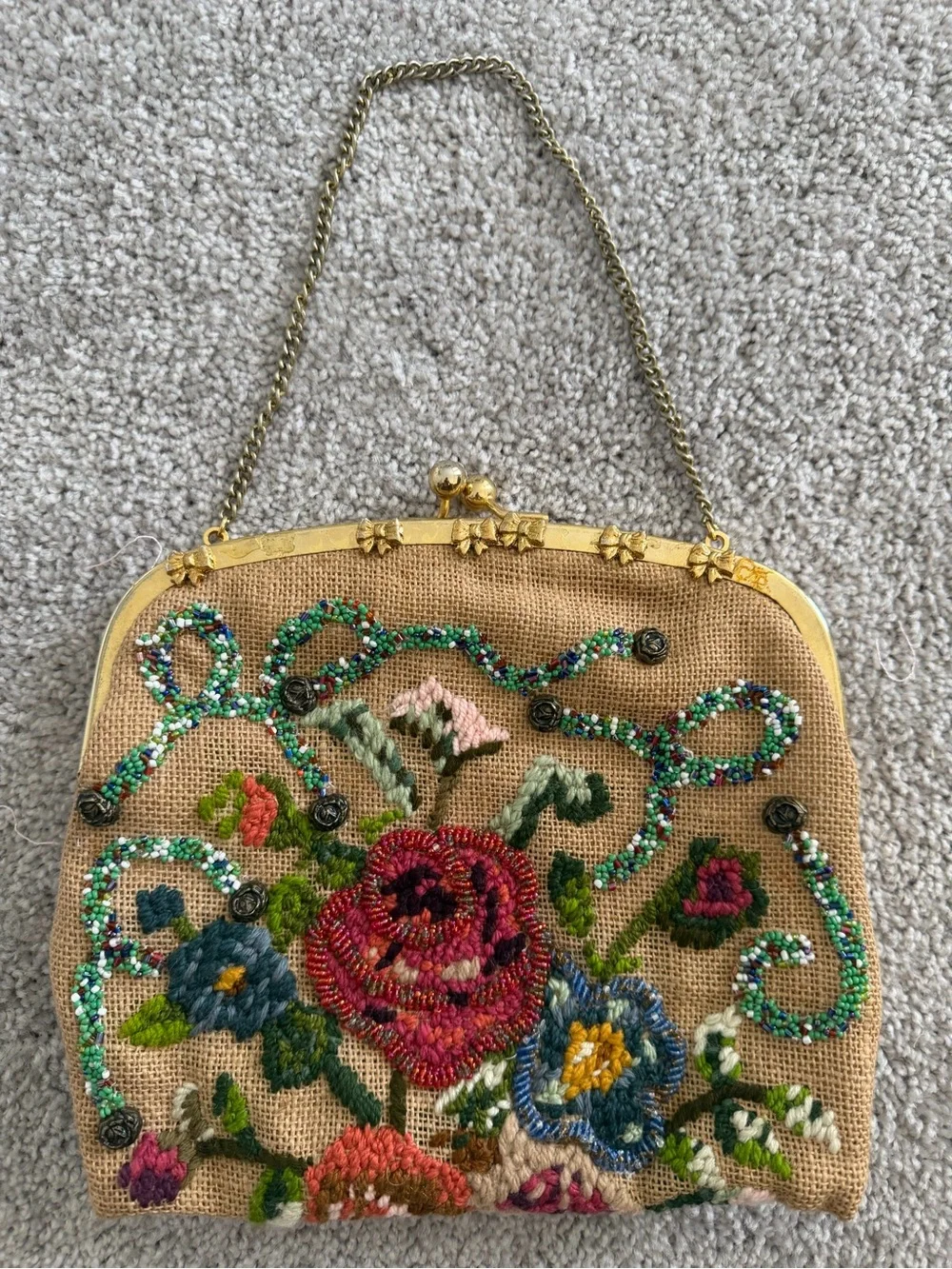 Vintage Embroidered Floral Beaded Clutch in Tan and Multicolor